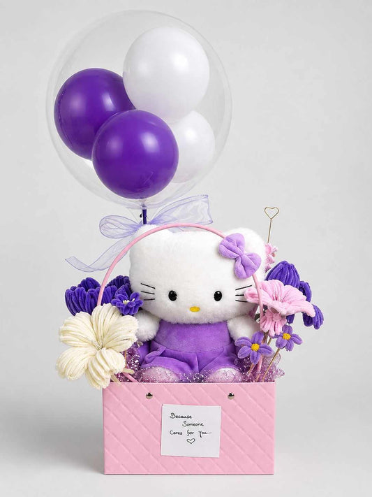 Purple Hello Kitty Flower & Balloon Gift Basket