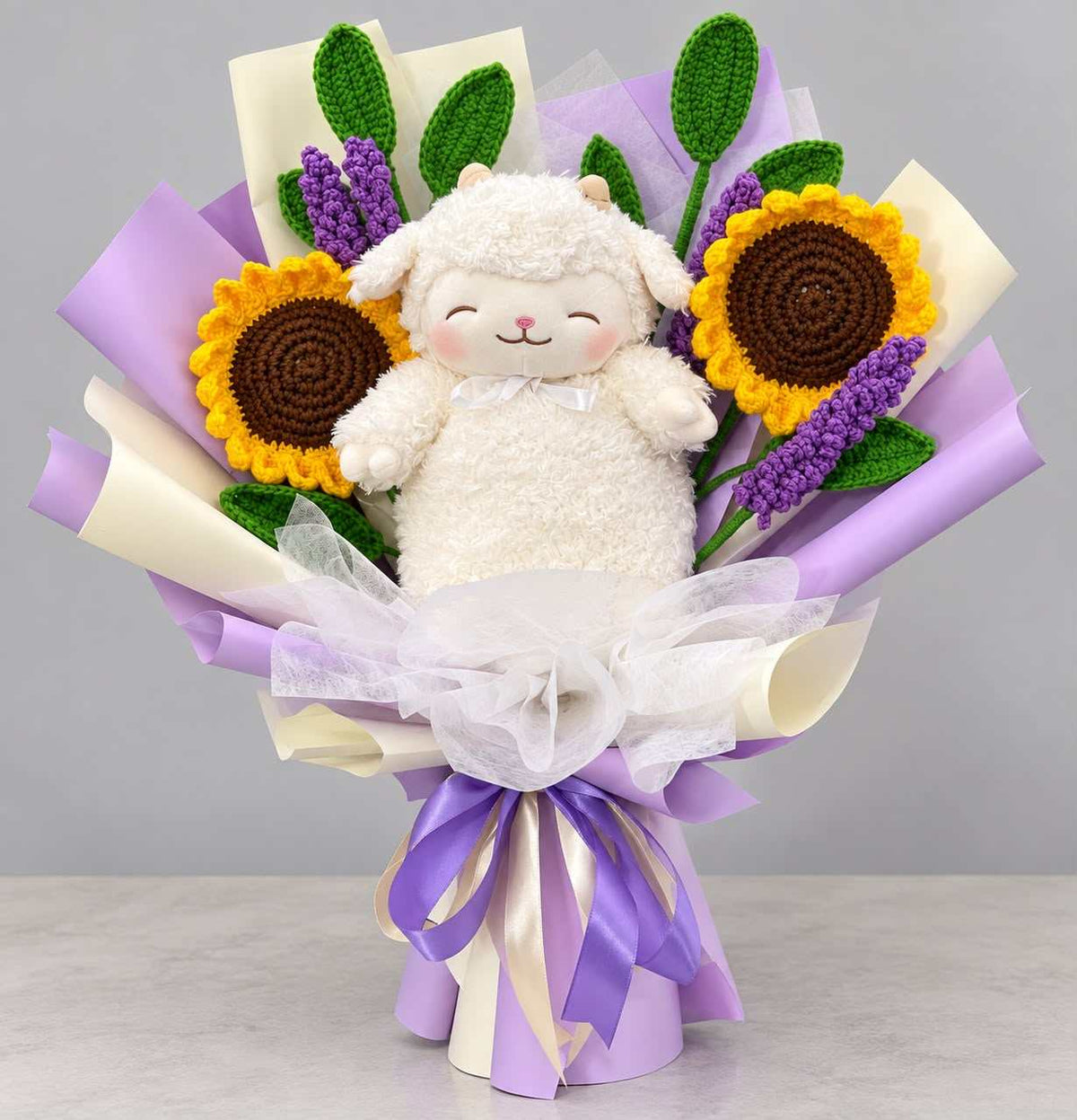 Sunflower & Lavender Crochet flower Lamb Plush Bouquet