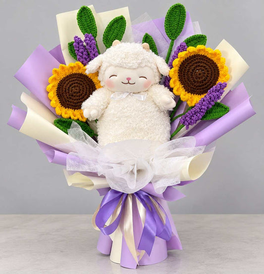 Sunflower & Lavender Crochet flower Lamb Plush Bouquet